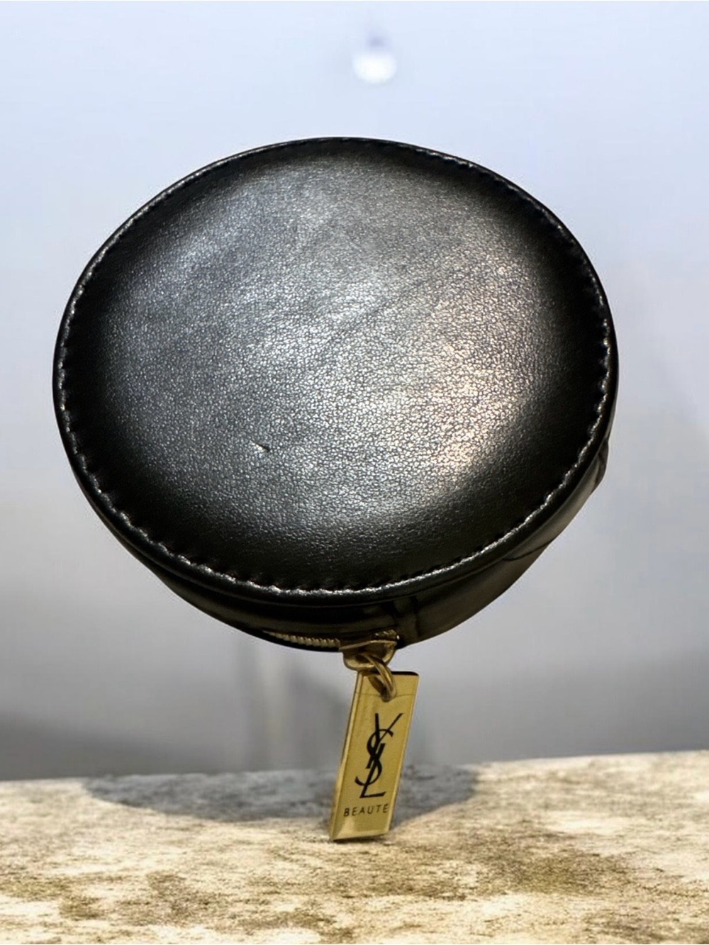 Yves Saint Laurent Black Leather Round Coin Pouch with Gold YSL Tag
